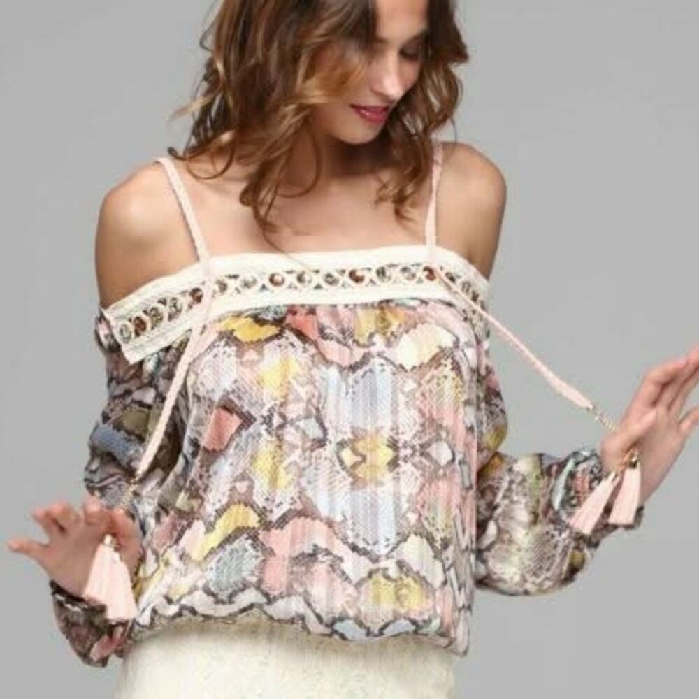 Casting France off the shoulder long sleeve  snake print shimmer sheer blouse M